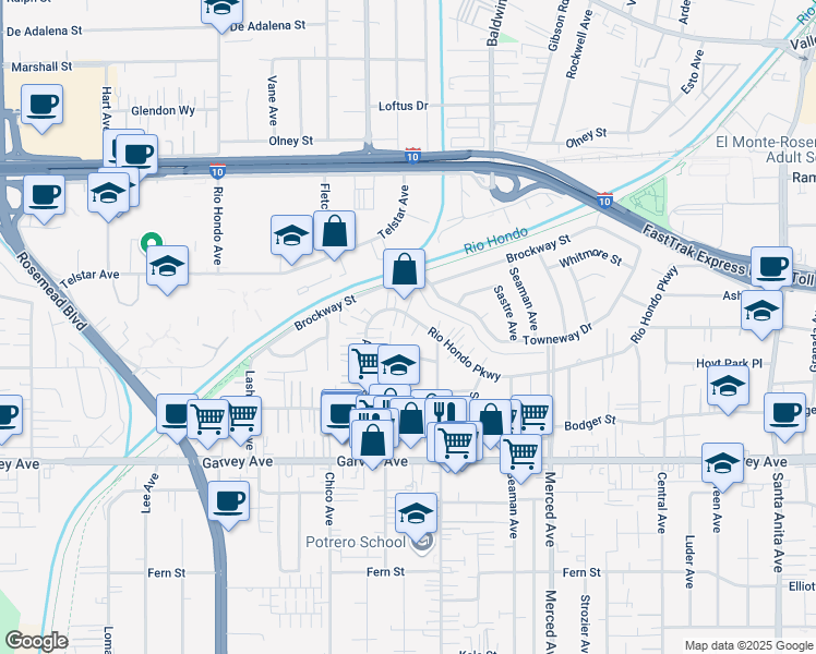 map of restaurants, bars, coffee shops, grocery stores, and more near 9734 Rio Hondo Parkway in El Monte