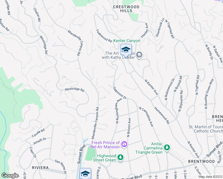map of restaurants, bars, coffee shops, grocery stores, and more near 7 Oakmont Drive in Los Angeles