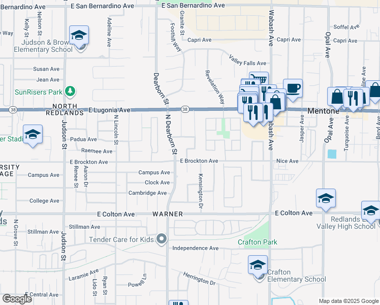 map of restaurants, bars, coffee shops, grocery stores, and more near 1116 Jasmine Street in Redlands