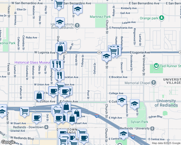 map of restaurants, bars, coffee shops, grocery stores, and more near 511 East Brockton Avenue in Redlands
