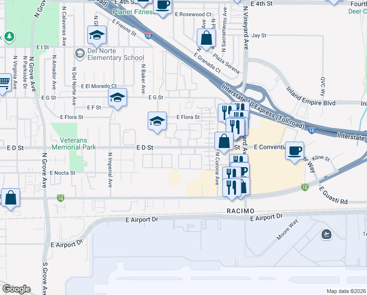 map of restaurants, bars, coffee shops, grocery stores, and more near 356 North Mariposa Privado in Ontario
