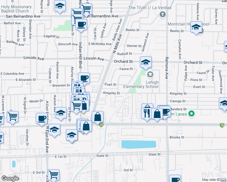 map of restaurants, bars, coffee shops, grocery stores, and more near 4193 Kingsley Street in Montclair
