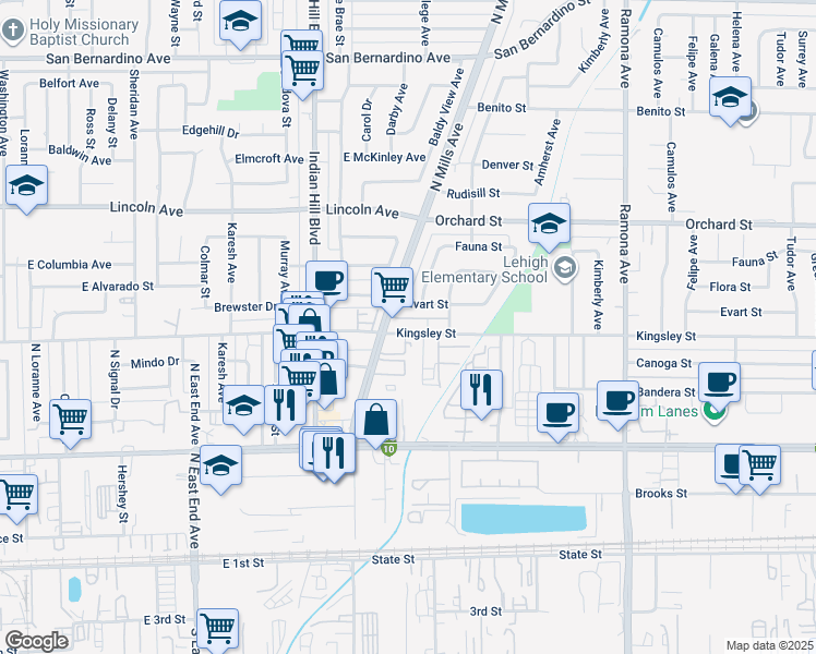 map of restaurants, bars, coffee shops, grocery stores, and more near 10340 Pradera Avenue in Montclair