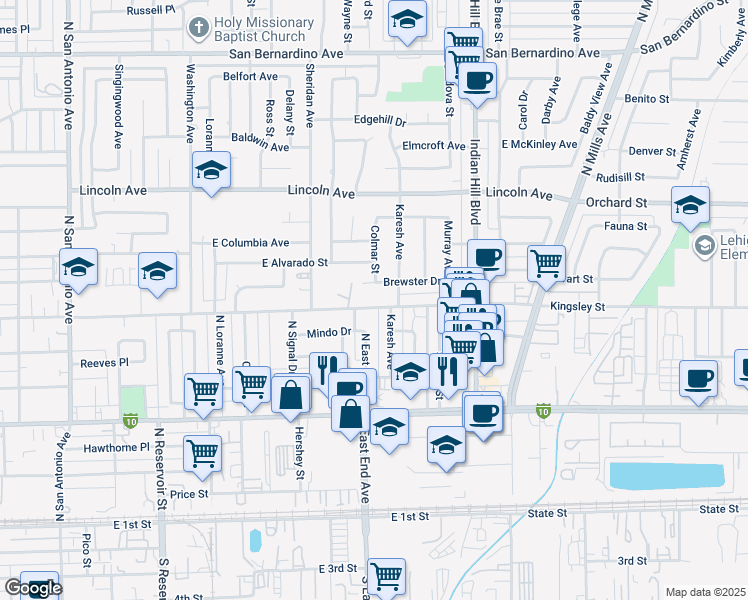 map of restaurants, bars, coffee shops, grocery stores, and more near 781 Karesh Avenue in Pomona