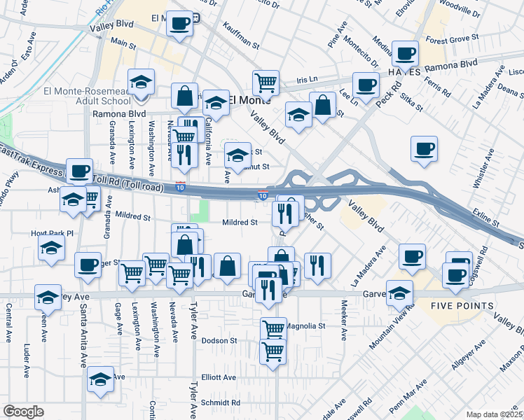 map of restaurants, bars, coffee shops, grocery stores, and more near 11209 Mildred Street in El Monte