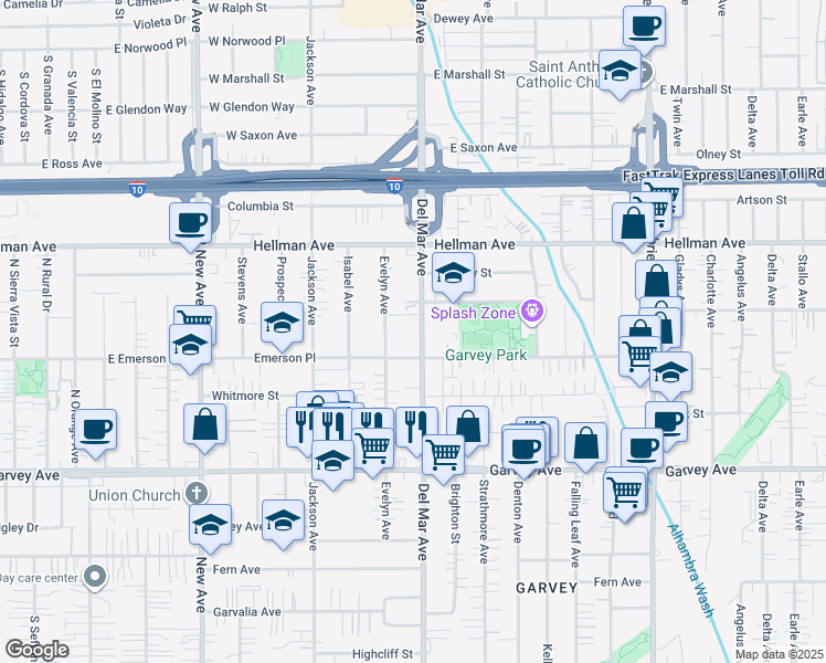 map of restaurants, bars, coffee shops, grocery stores, and more near 3206 Del Mar Avenue in Rosemead