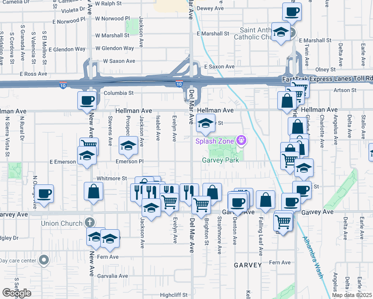 map of restaurants, bars, coffee shops, grocery stores, and more near 3206 Del Mar Avenue in Rosemead