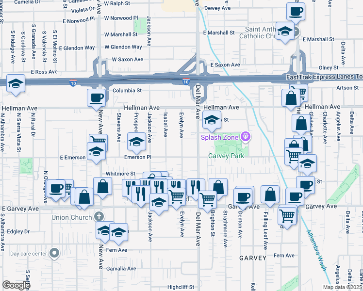 map of restaurants, bars, coffee shops, grocery stores, and more near 3207 Evelyn Avenue in Rosemead