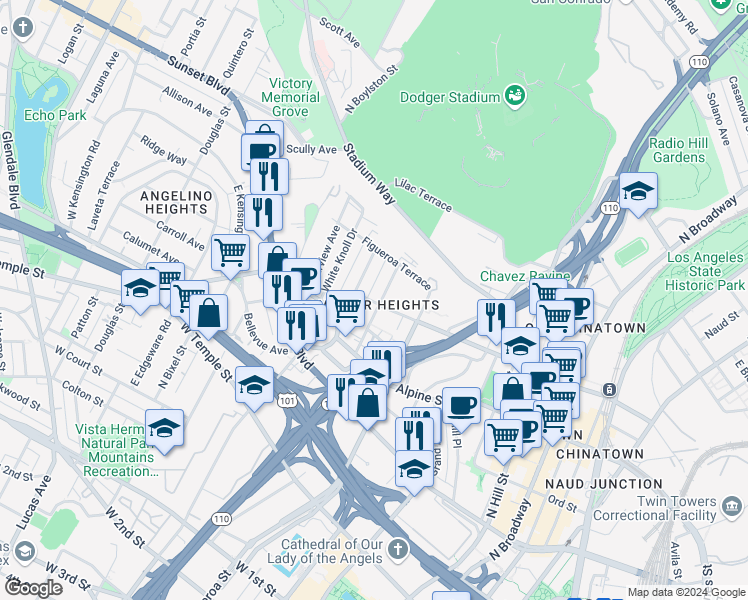 map of restaurants, bars, coffee shops, grocery stores, and more near 851 3/4 Centennial Street in Los Angeles