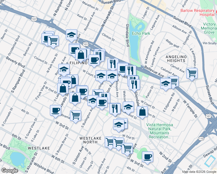 map of restaurants, bars, coffee shops, grocery stores, and more near 230 North Union Avenue in Los Angeles