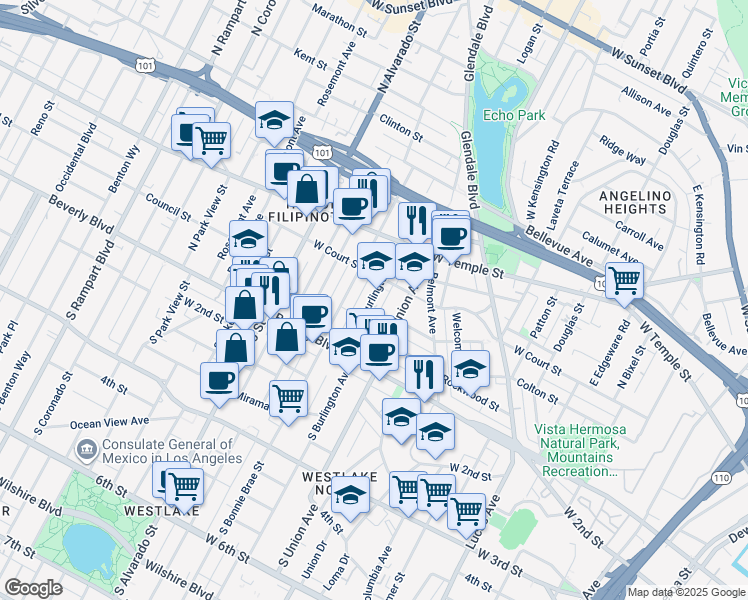map of restaurants, bars, coffee shops, grocery stores, and more near 214 North Burlington Avenue in Los Angeles