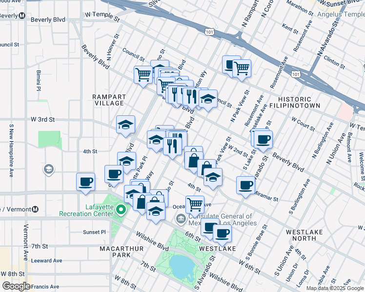 map of restaurants, bars, coffee shops, grocery stores, and more near 269 South Coronado Street in Los Angeles