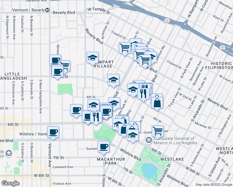 map of restaurants, bars, coffee shops, grocery stores, and more near 336 South Occidental Boulevard in Los Angeles