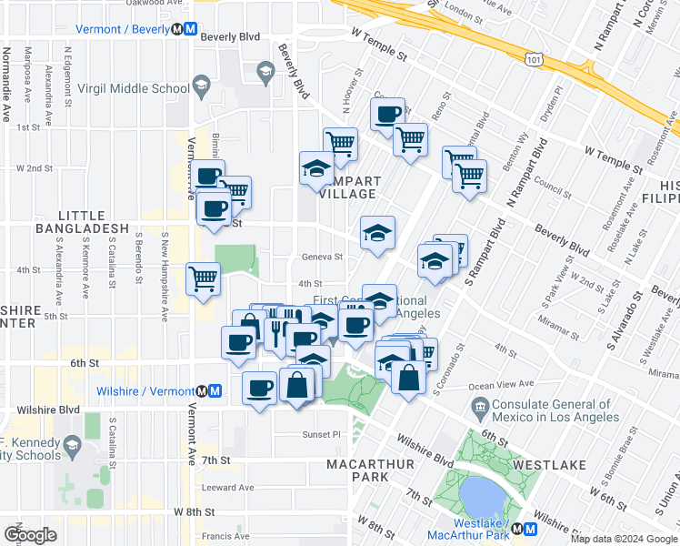 map of restaurants, bars, coffee shops, grocery stores, and more near 400 South Hoover Street in Los Angeles