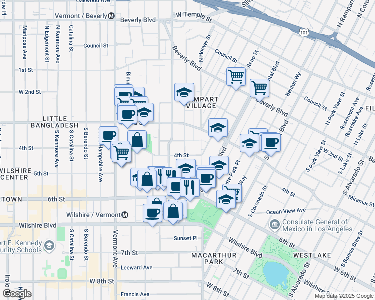 map of restaurants, bars, coffee shops, grocery stores, and more near 3028 West 4th Street in Los Angeles