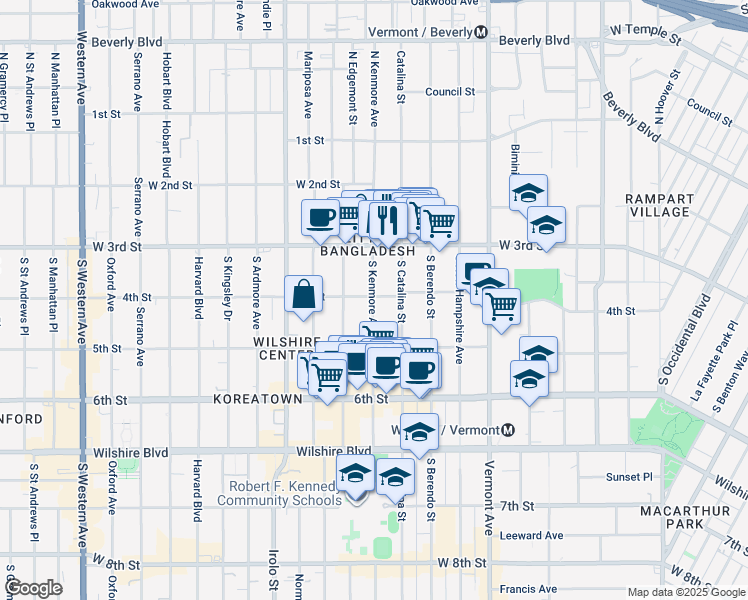 map of restaurants, bars, coffee shops, grocery stores, and more near 425 South Catalina Street in Los Angeles