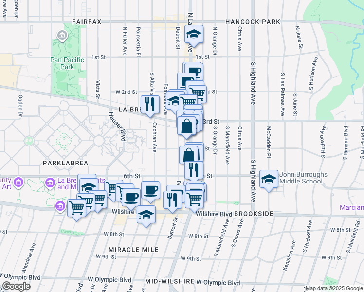 map of restaurants, bars, coffee shops, grocery stores, and more near 415 South Detroit Street in Los Angeles