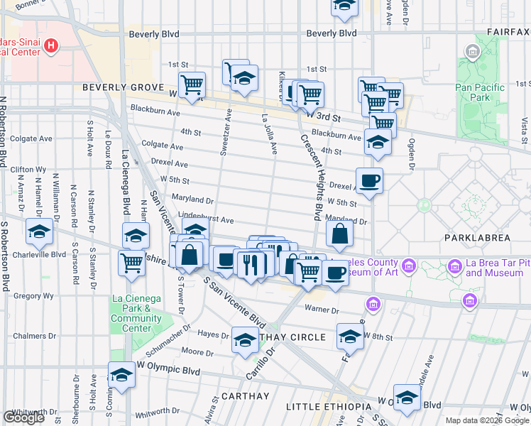 map of restaurants, bars, coffee shops, grocery stores, and more near 6401 Lindenhurst Avenue in West Hollywood