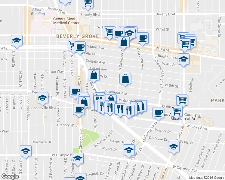 map of restaurants, bars, coffee shops, grocery stores, and more near in Los Angeles