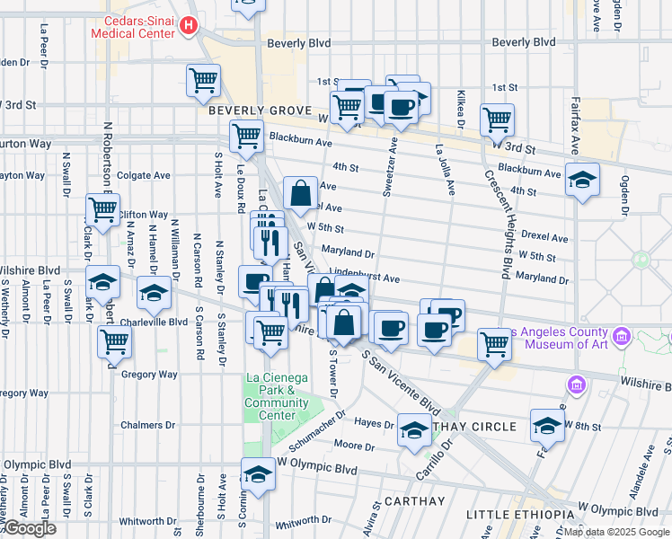 map of restaurants, bars, coffee shops, grocery stores, and more near 6641 West 6th Street in Los Angeles