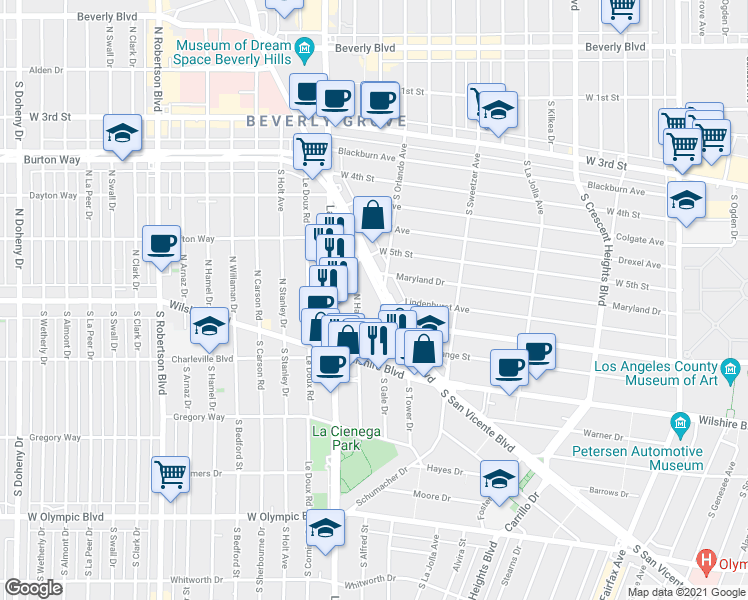 map of restaurants, bars, coffee shops, grocery stores, and more near 123 North Gale Drive in Beverly Hills