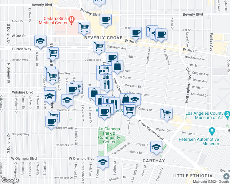 map of restaurants, bars, coffee shops, grocery stores, and more near 125 North Hamilton Drive in Beverly Hills