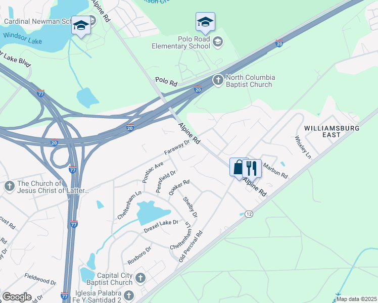 map of restaurants, bars, coffee shops, grocery stores, and more near 124 Cedar Glen Lane in Columbia
