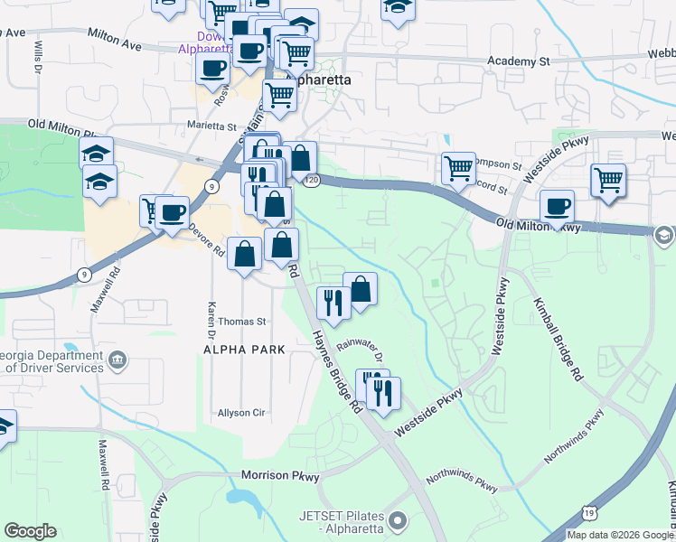 map of restaurants, bars, coffee shops, grocery stores, and more near 11675 Haynes Bridge Road in Alpharetta
