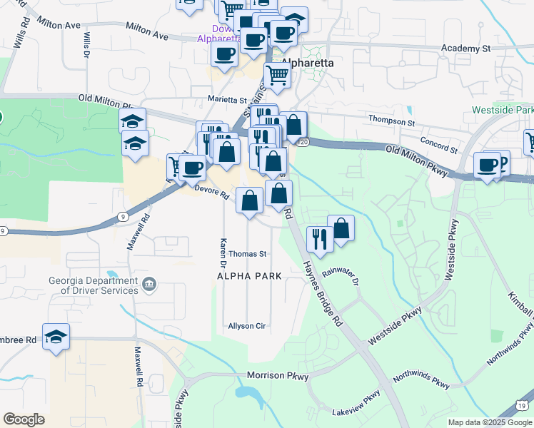 map of restaurants, bars, coffee shops, grocery stores, and more near 11700 Haynes Bridge Road in Alpharetta