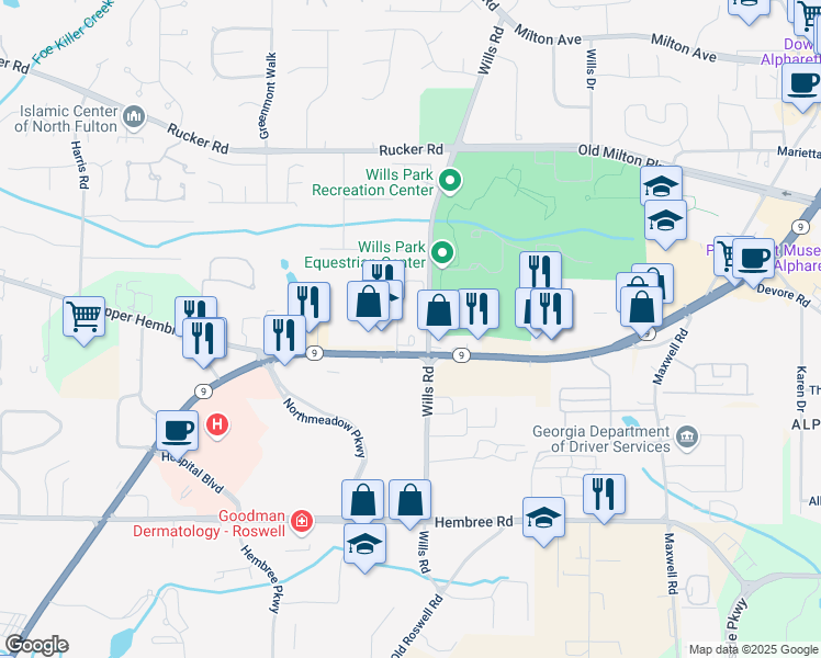 map of restaurants, bars, coffee shops, grocery stores, and more near 1650 Georgia 9 in Alpharetta