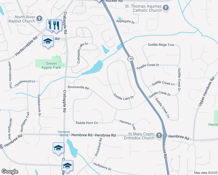map of restaurants, bars, coffee shops, grocery stores, and more near 335 Saddle Lake Drive in Roswell