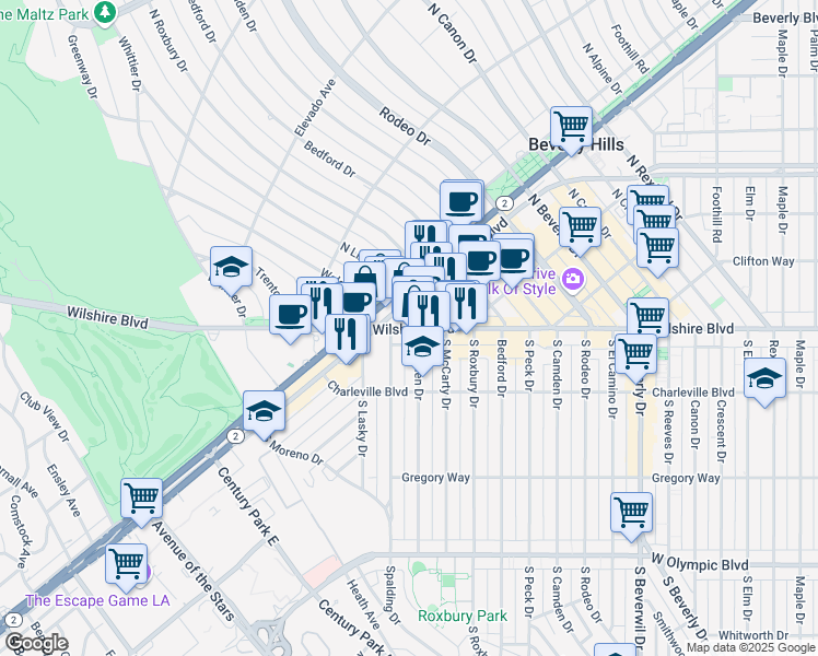 map of restaurants, bars, coffee shops, grocery stores, and more near 9757 Wilshire Boulevard in Beverly Hills