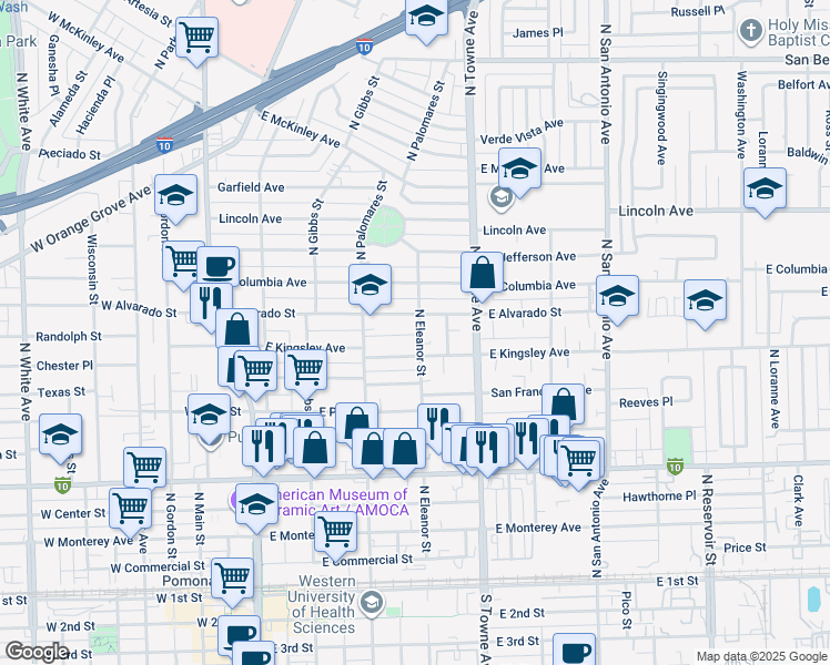 map of restaurants, bars, coffee shops, grocery stores, and more near 967 North Eleanor Street in Pomona