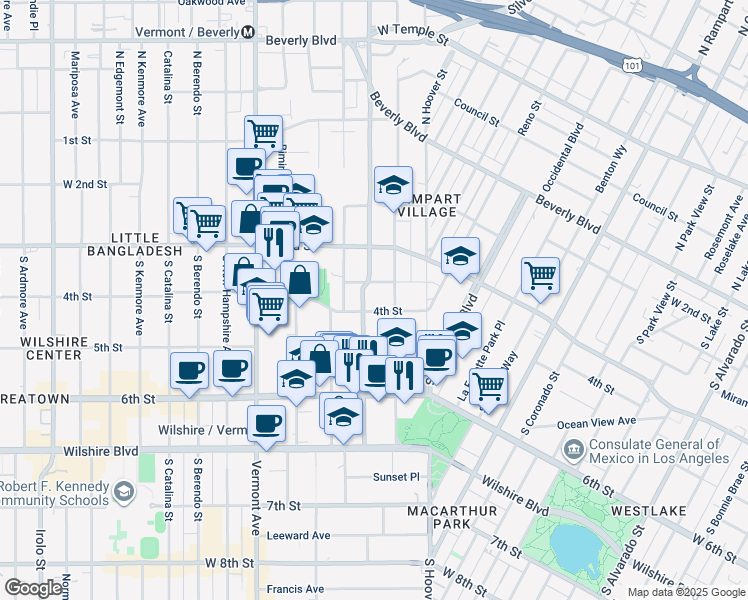 map of restaurants, bars, coffee shops, grocery stores, and more near 414 South Virgil Avenue in Los Angeles