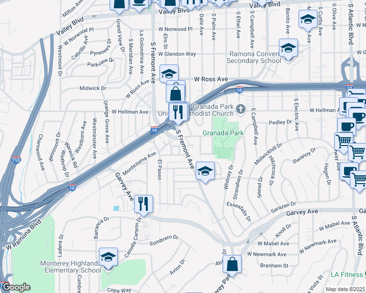 map of restaurants, bars, coffee shops, grocery stores, and more near 2500 Aurora Terrace in Alhambra