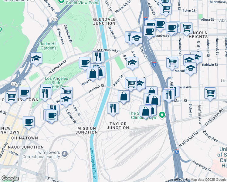 map of restaurants, bars, coffee shops, grocery stores, and more near 1734 North Main Street in Los Angeles