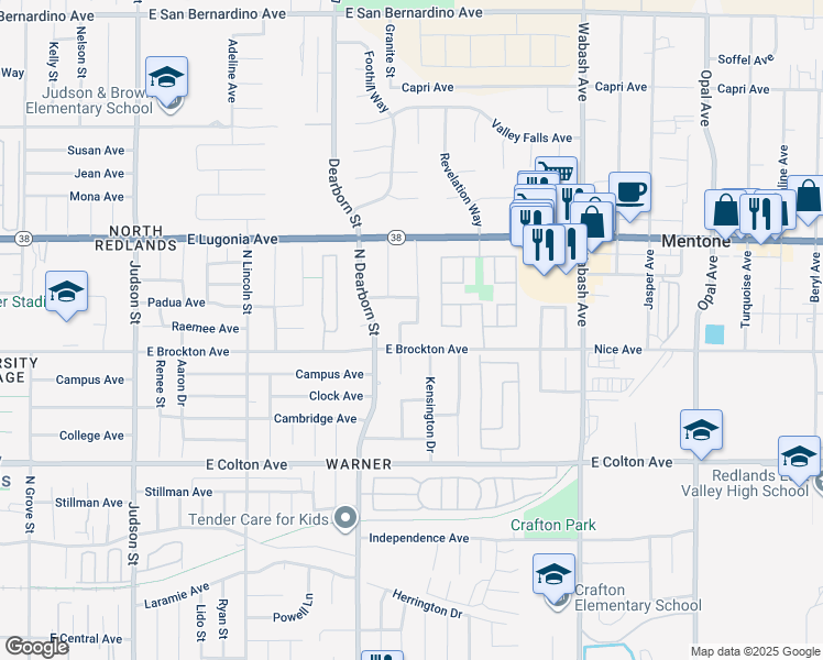 map of restaurants, bars, coffee shops, grocery stores, and more near 1136 Jasmine Street in Redlands