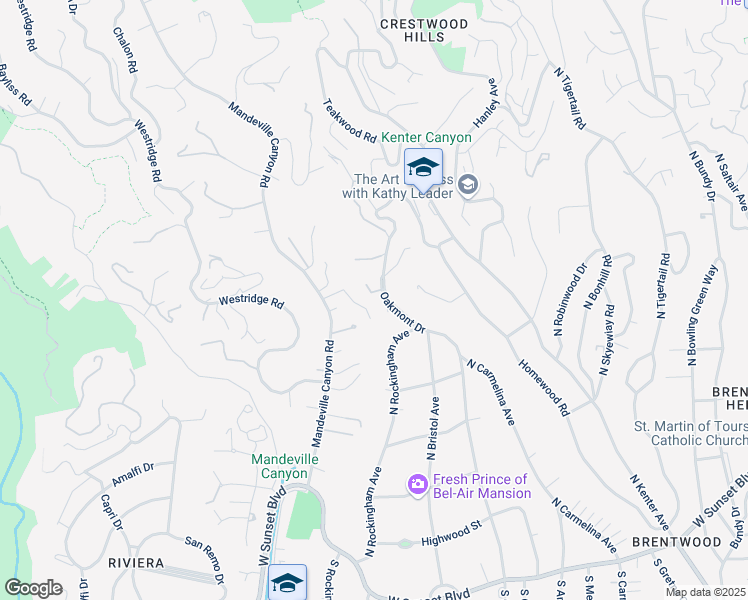 map of restaurants, bars, coffee shops, grocery stores, and more near 7 Oakmont Drive in Los Angeles