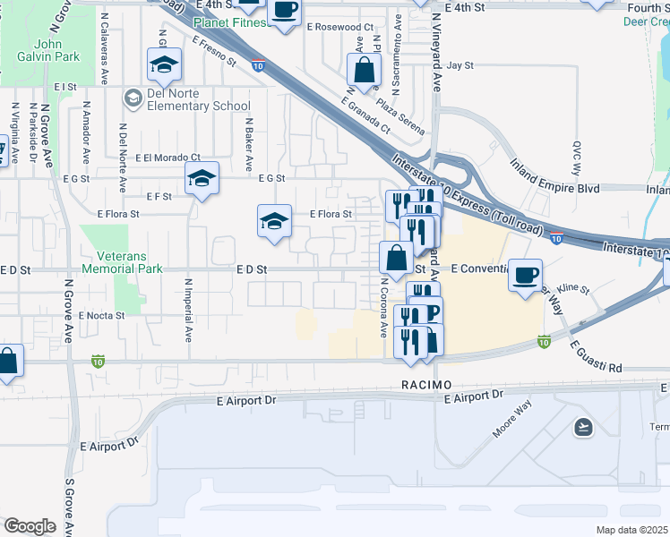 map of restaurants, bars, coffee shops, grocery stores, and more near 1720 East D Street in Ontario
