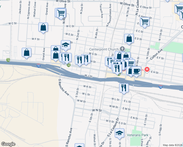 map of restaurants, bars, coffee shops, grocery stores, and more near 140 North 4th Street in Colton