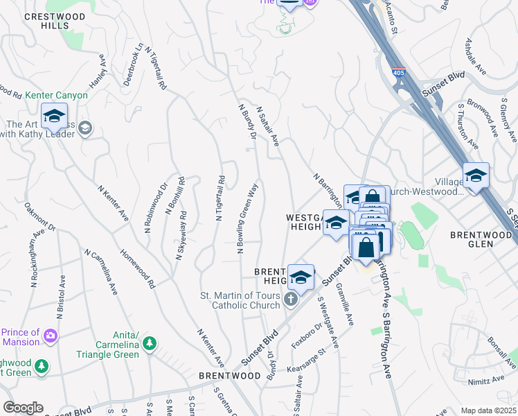 map of restaurants, bars, coffee shops, grocery stores, and more near 455 North Bundy Drive in Los Angeles