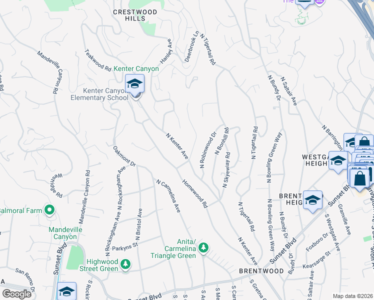 map of restaurants, bars, coffee shops, grocery stores, and more near 420 North Kenter Avenue in Los Angeles