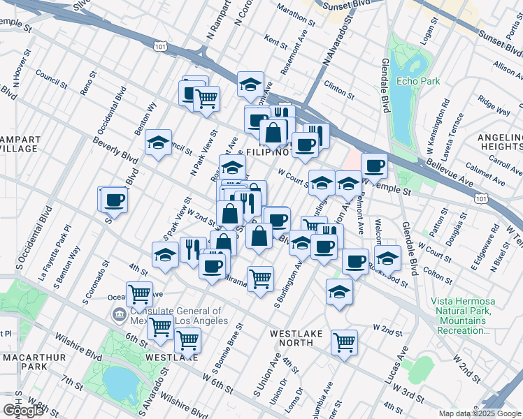map of restaurants, bars, coffee shops, grocery stores, and more near 103 North Westlake Avenue in Los Angeles