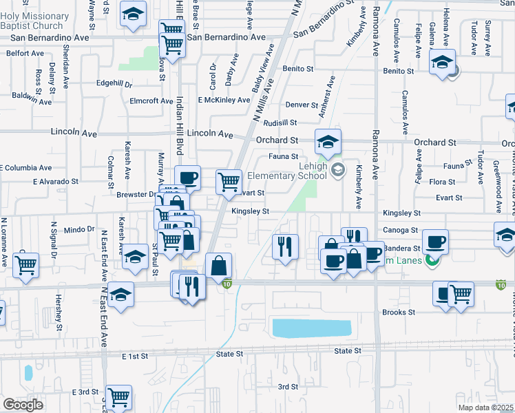 map of restaurants, bars, coffee shops, grocery stores, and more near 4160 Kingsley Street in Montclair