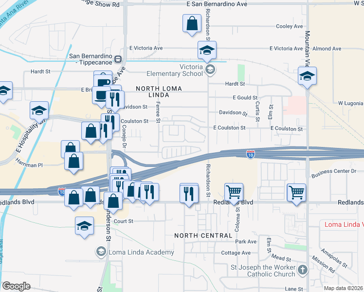 map of restaurants, bars, coffee shops, grocery stores, and more near 1458 Laurelwood Drive in San Bernardino