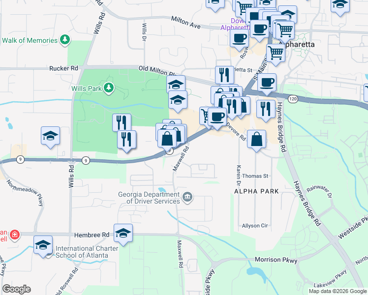 map of restaurants, bars, coffee shops, grocery stores, and more near 1825 Kilmington Court in Alpharetta