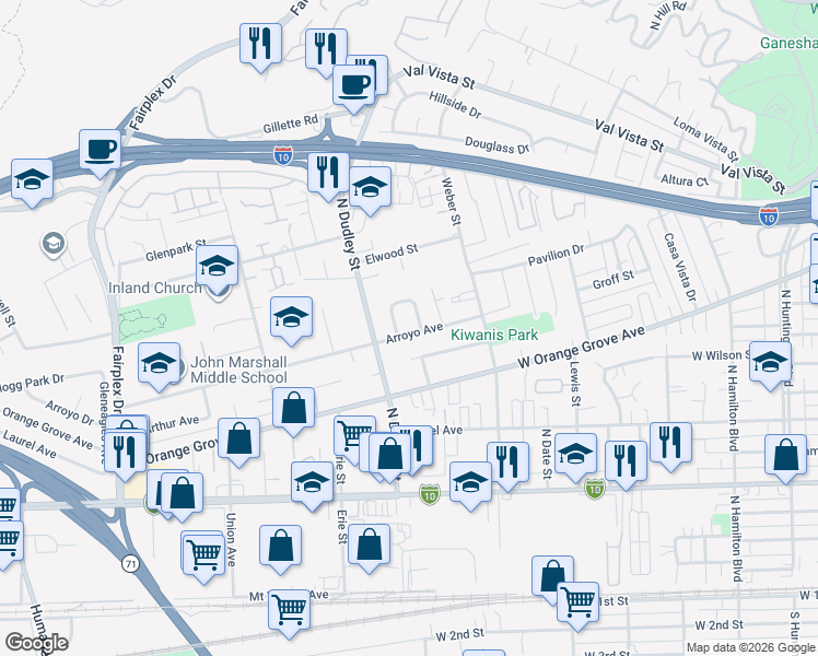 map of restaurants, bars, coffee shops, grocery stores, and more near 1411 Ashport Street in Pomona