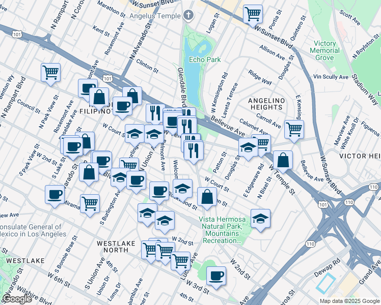 map of restaurants, bars, coffee shops, grocery stores, and more near 355 Glendale Boulevard in Los Angeles