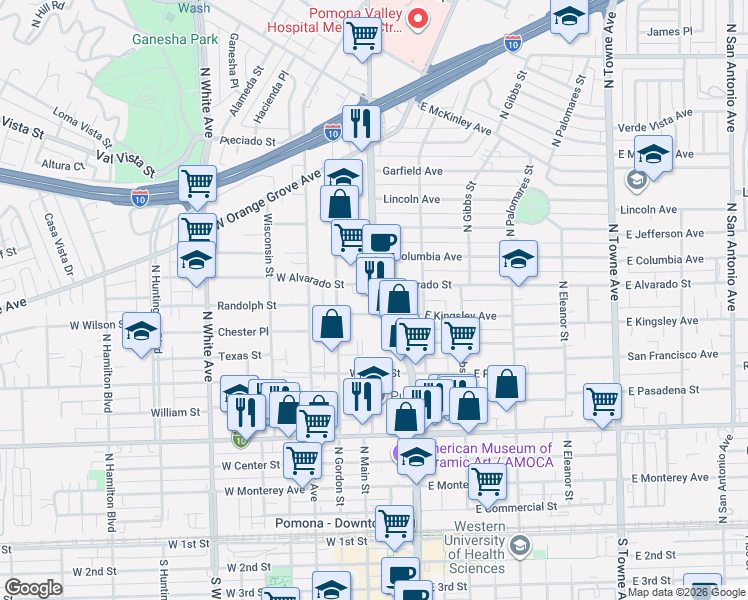map of restaurants, bars, coffee shops, grocery stores, and more near 949 Garey Avenue in Pomona
