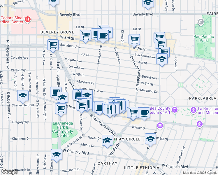 map of restaurants, bars, coffee shops, grocery stores, and more near 6430 Maryland Drive in Los Angeles